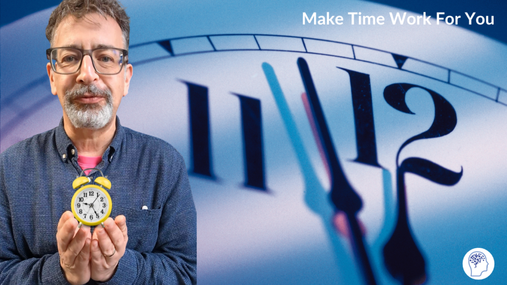 Rod Hahlo holding alarm clock against backdrop of clock time new perspective nlp