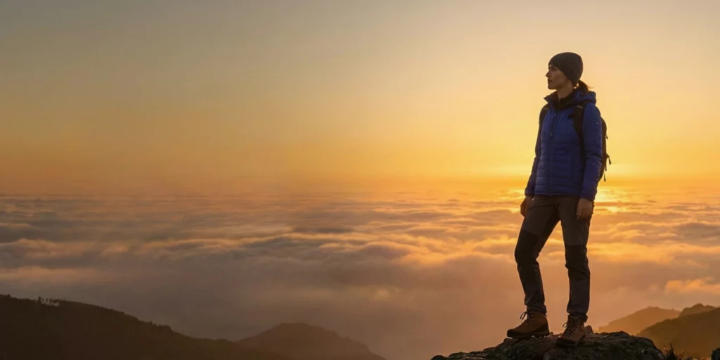 Person on top of summit gazing into future