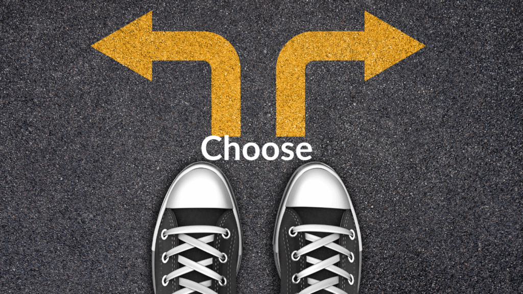 Two shoes and two arrows different directions with heading of choice