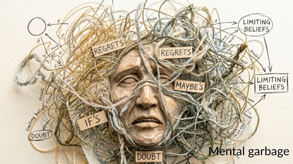 face surrounded by tangle of words, regret, limiting beliefs, if's but's