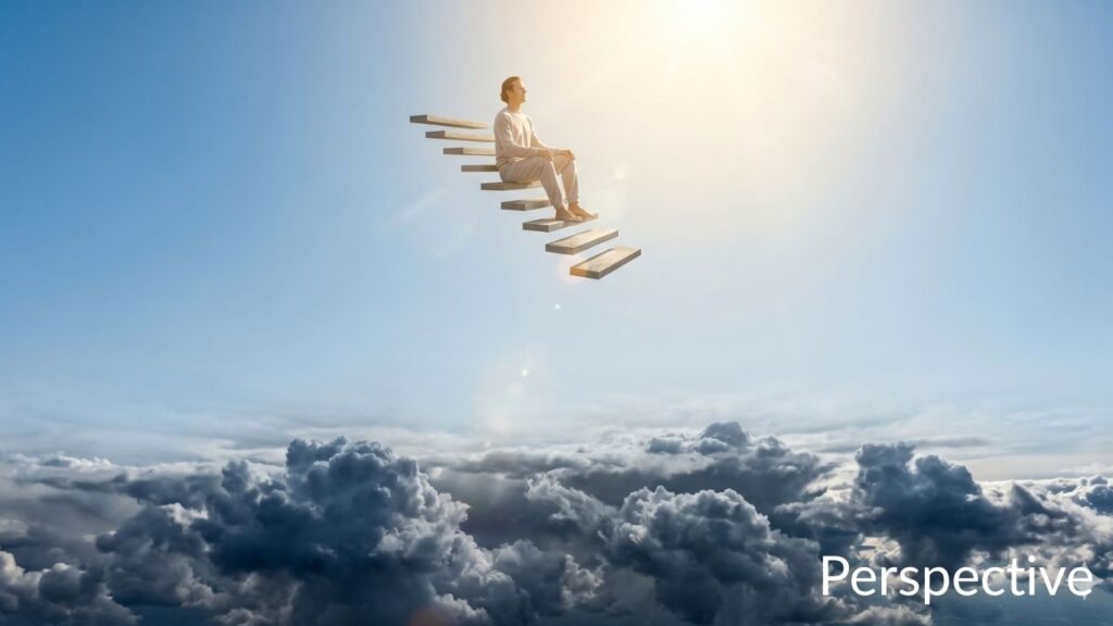 Man sat on floating stairs in blue sky above clouds to gain perspective