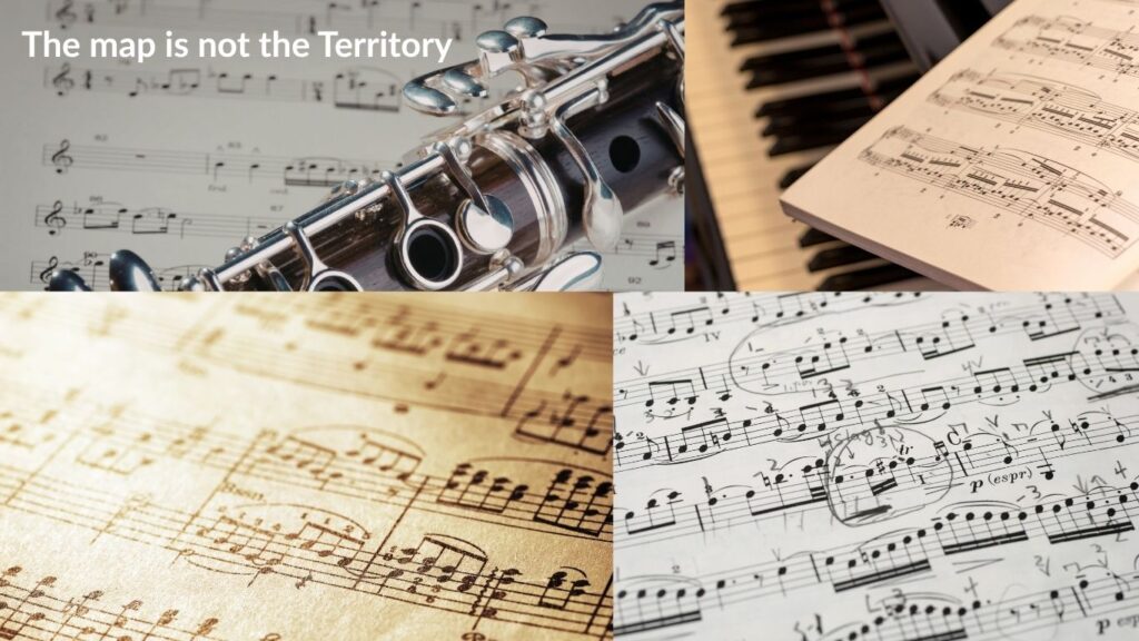 Assorted jazz sheet music, the map is not the territory