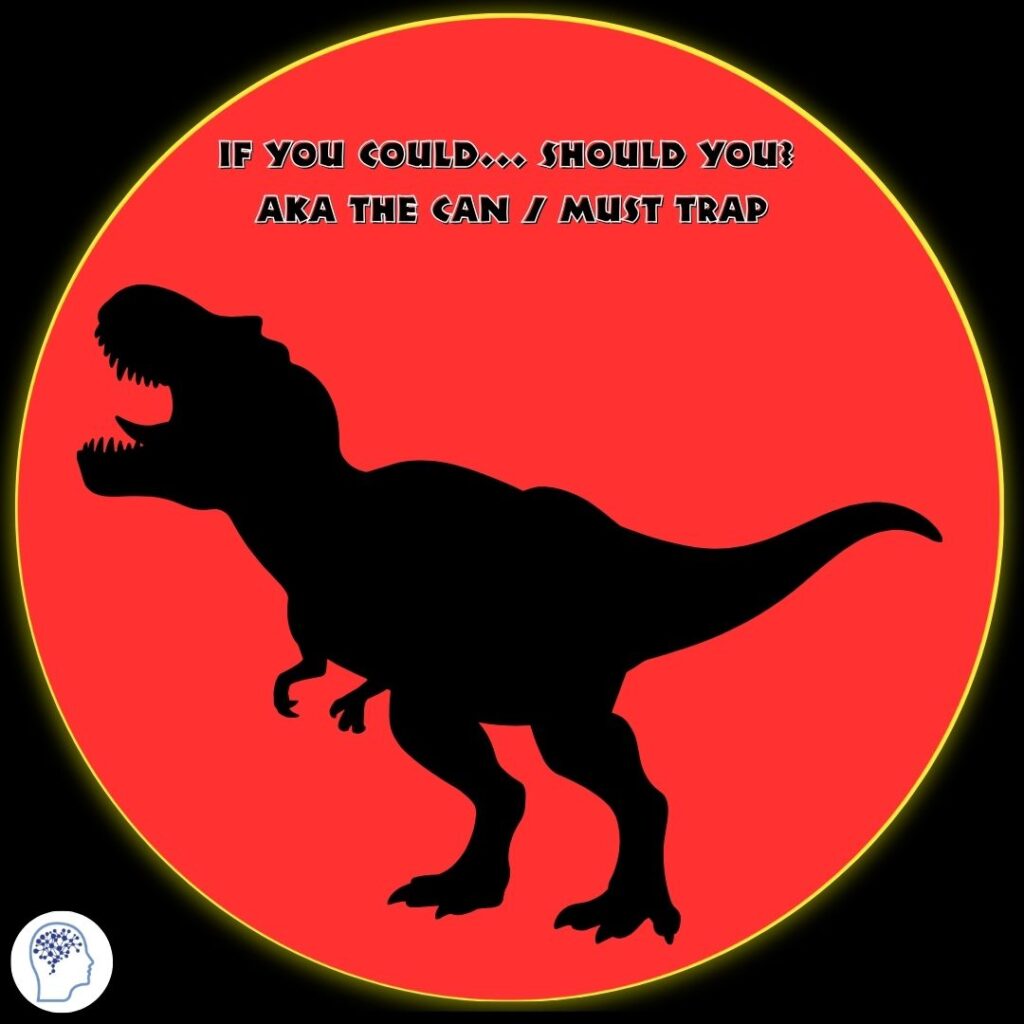 Jurassic Park style dino image with text stuck in can should trap
