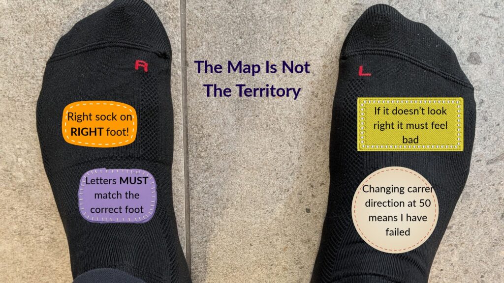 Socks on feet with labels